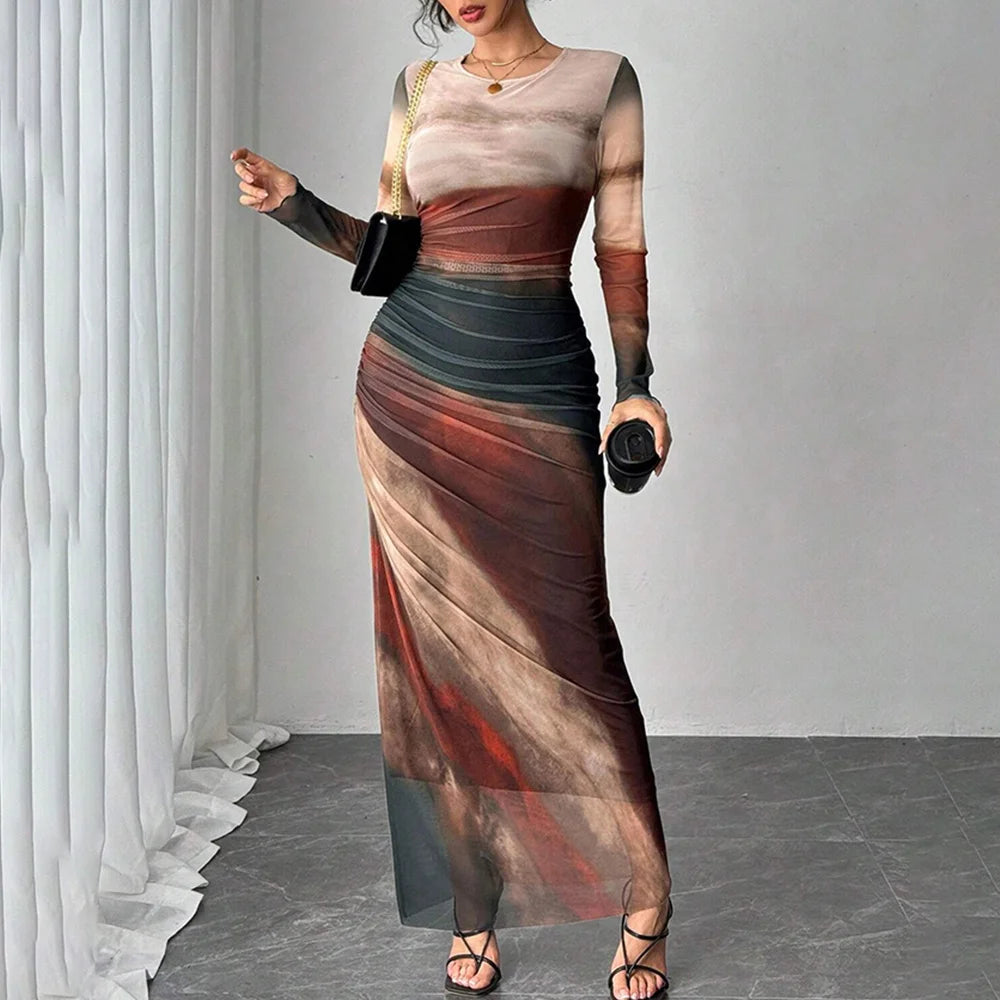 Mia Muse Women's Dresses Autumn French Simple Contrast Color Long Sleeve Round-Neck Maxi Wrap Fashion Dresses