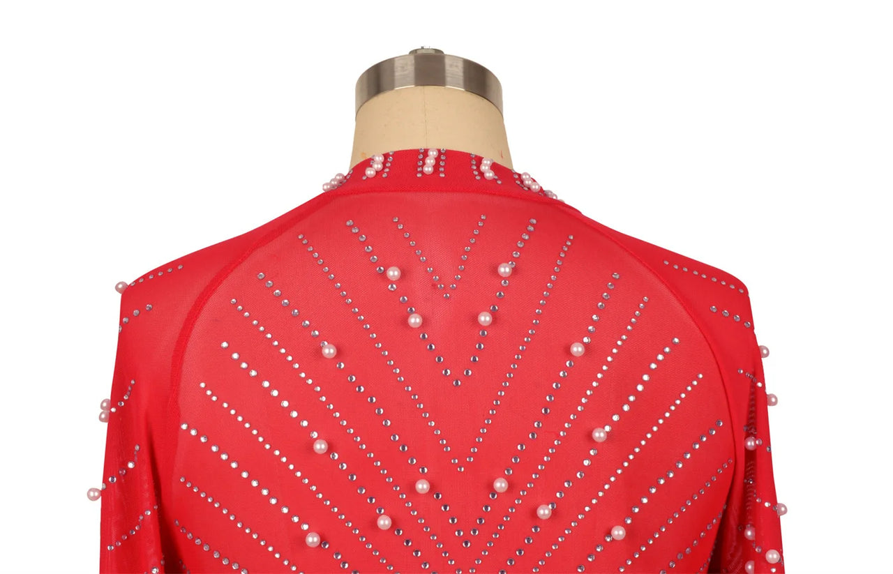 Sexy Pearls Rhinestone Party Dresses Women Elegant Nightclub Feather Birthday Dress Long Sleeve Mesh Sheer Bodycon Dress