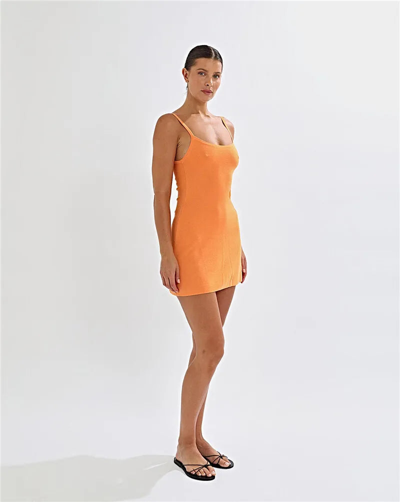 Mozision Spaghetti Strap Print Knit Mini Dress For Woman Robe Summer New Sleeveless Backless Beach Holiday Club Dress Knitwear