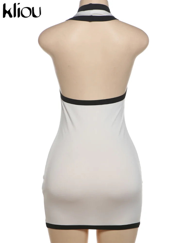 kliou Halter Women Dresses Classic New Panelled Trim Backless V-neck Body-shaping Simple Vestidos Female Summer Thin Streetwear