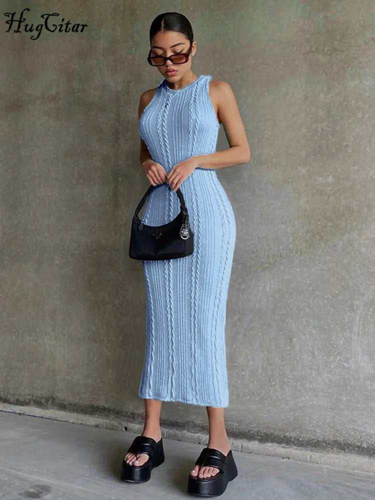 Hugcitar Crochet Sleeveless O-Neck Bodycon Solid Sexy Sweater Dress Summer Women Elegant Y2K Clothes Streetwear Party Club