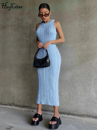 Hugcitar Crochet Sleeveless O-Neck Bodycon Solid Sexy Sweater Dress Summer Women Elegant Y2K Clothes Streetwear Party Club