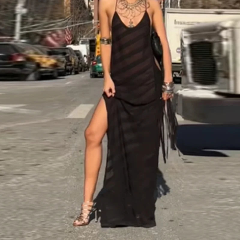 Sexy See Though Maxi Dress Backless Sleeveless Deep V Neck Long Robes Lace Up Party Mesh Dresses 2025 New Lady Vacation Clothing