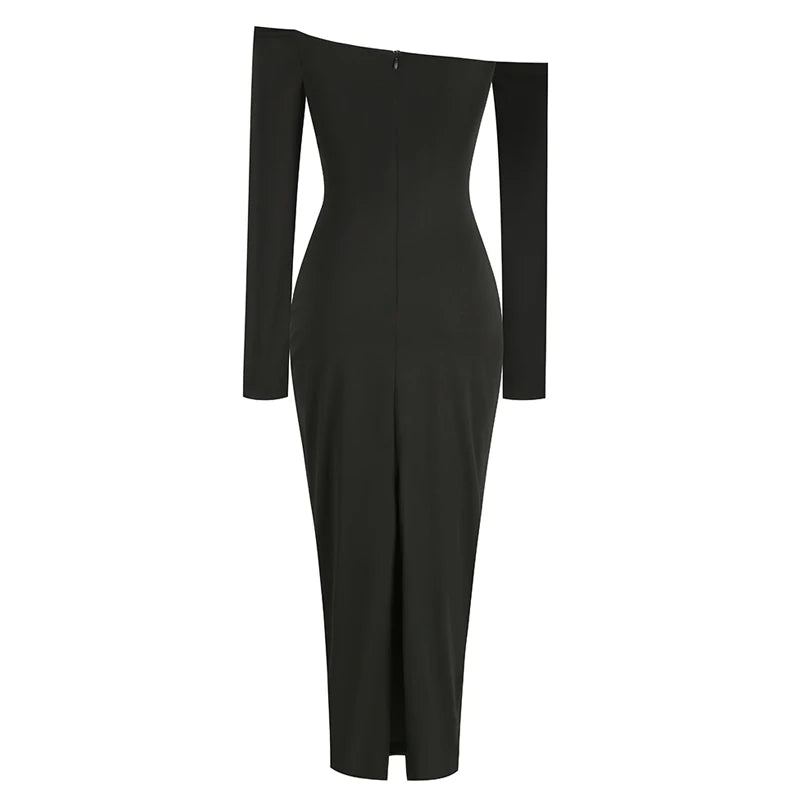 Women's New Sexy Black Decorative FlowerBreast wrapping Dress, Fashion Slim Fit Open Back Bottom Split Party Dress Long