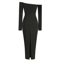 Women's New Sexy Black Decorative FlowerBreast wrapping Dress, Fashion Slim Fit Open Back Bottom Split Party Dress Long