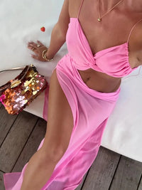 Vacation Hollow Out Mesh Long Sling Dress For Women Y2k Irregular Sleeveless Side Split Beach Suspender Dress Lady Evening Robe