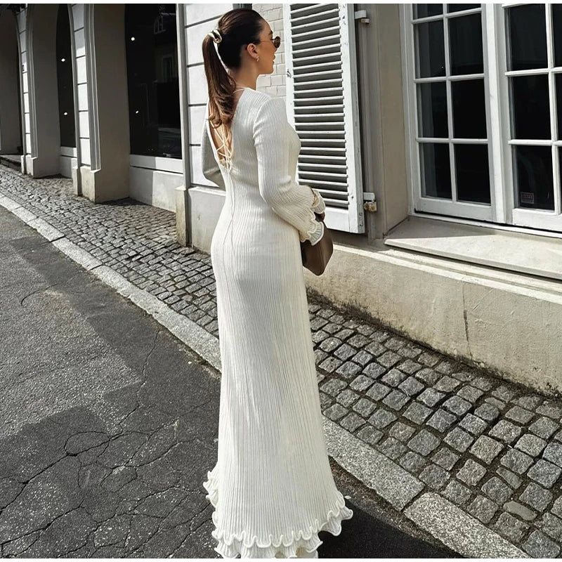 Women's Chic Ruffles Backless Lace Up Knitted Maxi Dress Elegant Round Neck Flare Long Sleeve Vestido 2024 Lady New Fashion Robe