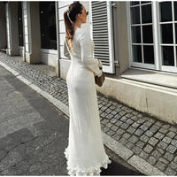 Women's Chic Ruffles Backless Lace Up Knitted Maxi Dress Elegant Round Neck Flare Long Sleeve Vestido 2024 Lady New Fashion Robe