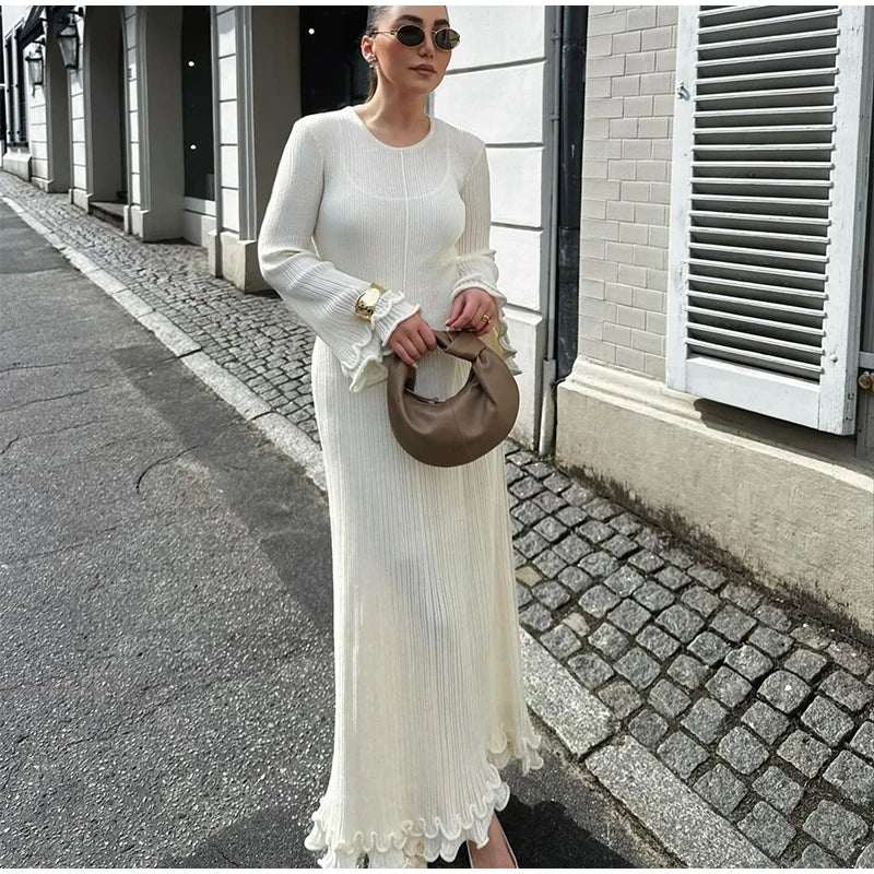 Women's Chic Ruffles Backless Lace Up Knitted Maxi Dress Elegant Round Neck Flare Long Sleeve Vestido 2024 Lady New Fashion Robe
