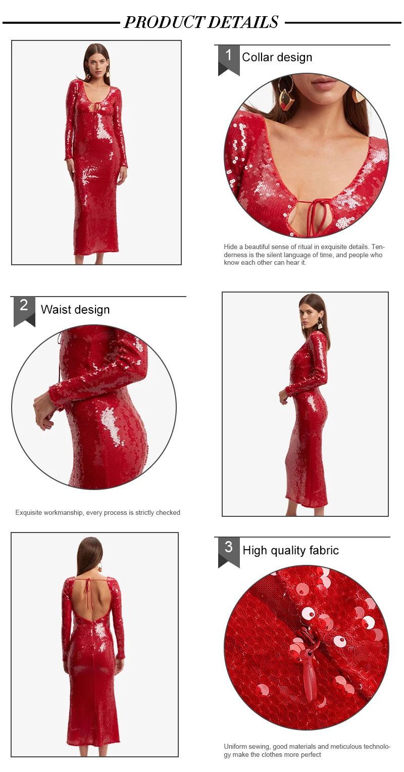 VC Summer New Women's Sexy Deep V-Neck Sequins Long Dress Long Sleeves Cut Out Strings Tied Elegant Luxury Celebrity Party Gowns