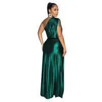 Elegant Women Even Dresses Luxury Maxi Long Metallic Pleated Dress One Shoulder Sleeveless Premium Shiny Shimmer Gowns