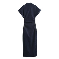 ETJ 2025 traf Spring New 1975 series denim MIDI dress with lapel side zipper fashion wrinkle waist slim elegant dress