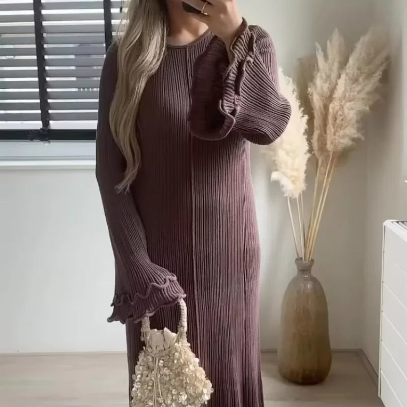 Women's Chic Ruffles Backless Lace Up Knitted Maxi Dress Elegant Round Neck Flare Long Sleeve Vestido 2024 Lady New Fashion Robe