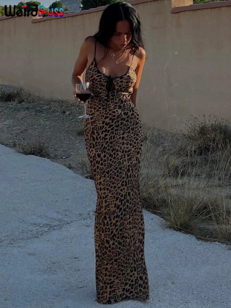 Weird Puss Spaghetti Strap Women Dress Leopard Print Sexy Sensual Backless Sleeveless Bodycon Summer Vacation Beach Partywear