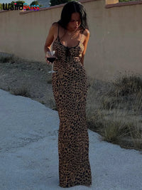 Weird Puss Spaghetti Strap Women Dress Leopard Print Sexy Sensual Backless Sleeveless Bodycon Summer Vacation Beach Partywear