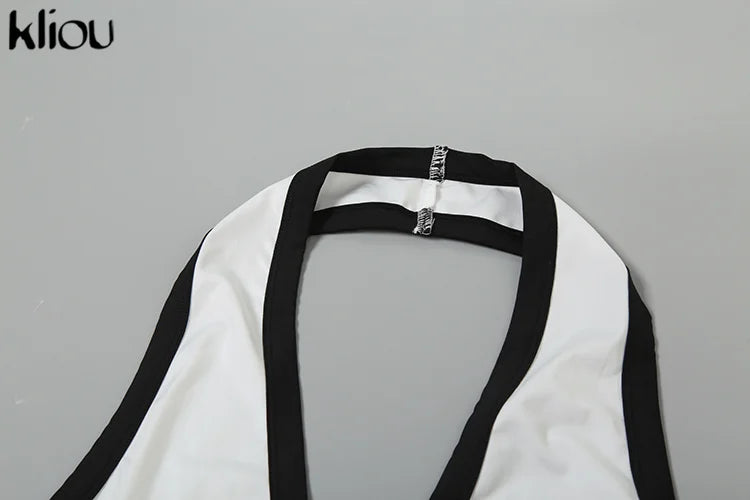 kliou Halter Women Dresses Classic New Panelled Trim Backless V-neck Body-shaping Simple Vestidos Female Summer Thin Streetwear