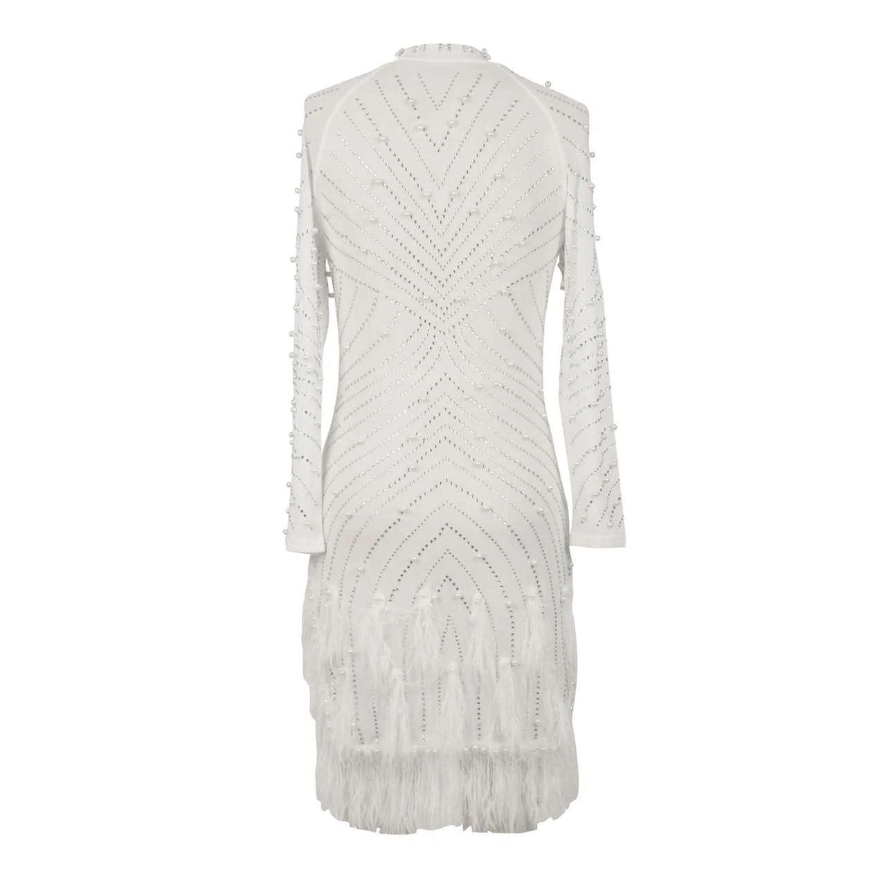 Sexy Pearls Rhinestone Party Dresses Women Elegant Nightclub Feather Birthday Dress Long Sleeve Mesh Sheer Bodycon Dress