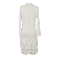 Sexy Pearls Rhinestone Party Dresses Women Elegant Nightclub Feather Birthday Dress Long Sleeve Mesh Sheer Bodycon Dress