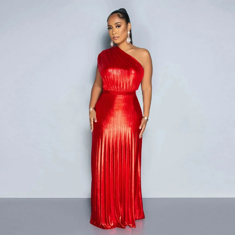 Elegant Women Even Dresses Luxury Maxi Long Metallic Pleated Dress One Shoulder Sleeveless Premium Shiny Shimmer Gowns