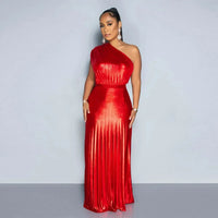 Elegant Women Even Dresses Luxury Maxi Long Metallic Pleated Dress One Shoulder Sleeveless Premium Shiny Shimmer Gowns