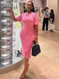 Joskaa Knitted Striped Buttons Round Neck Short Sleeve Body-Shaping Long Dresses for Women Birthday Party Clubwear Streetwear