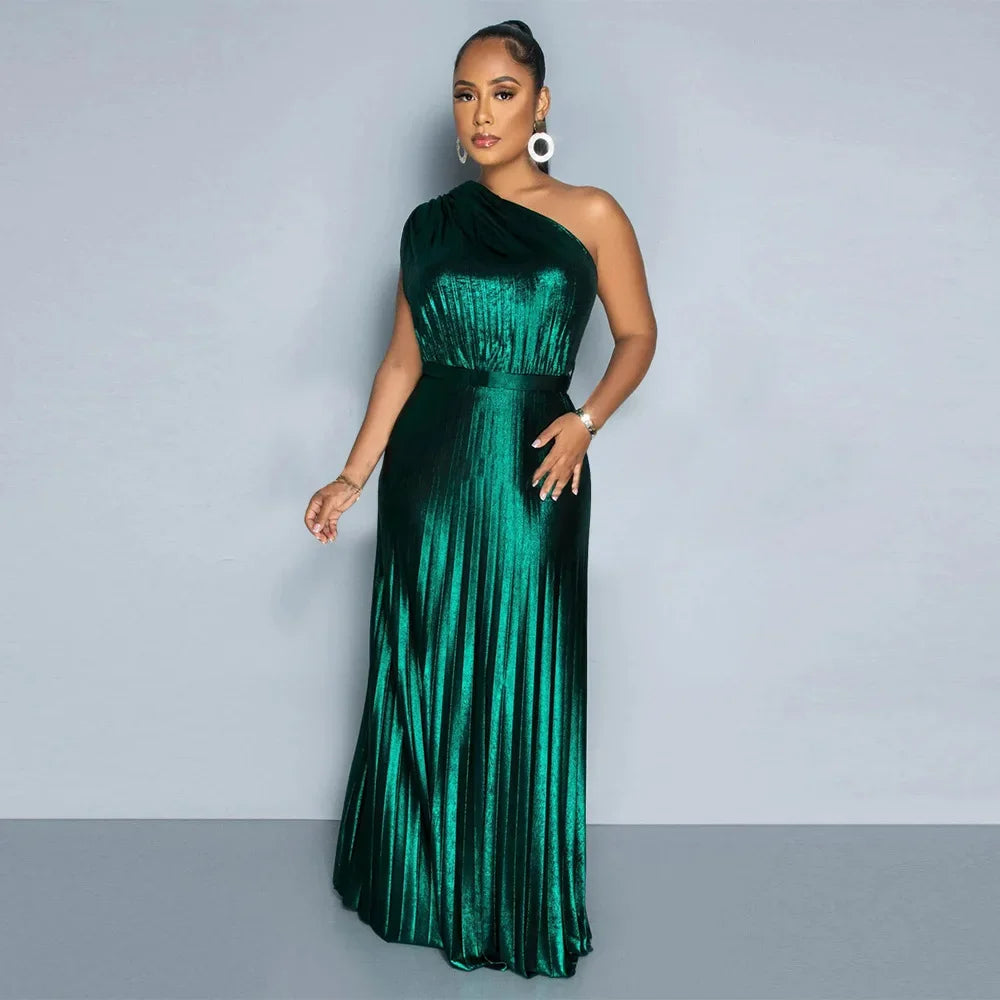 Elegant Women Even Dresses Luxury Maxi Long Metallic Pleated Dress One Shoulder Sleeveless Premium Shiny Shimmer Gowns