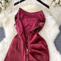Chic Sequin Asymmetric Backless Slip Dress Sleeveless Korean Fashion Vestidos Women Vintage Summer Hip Wrap Dress