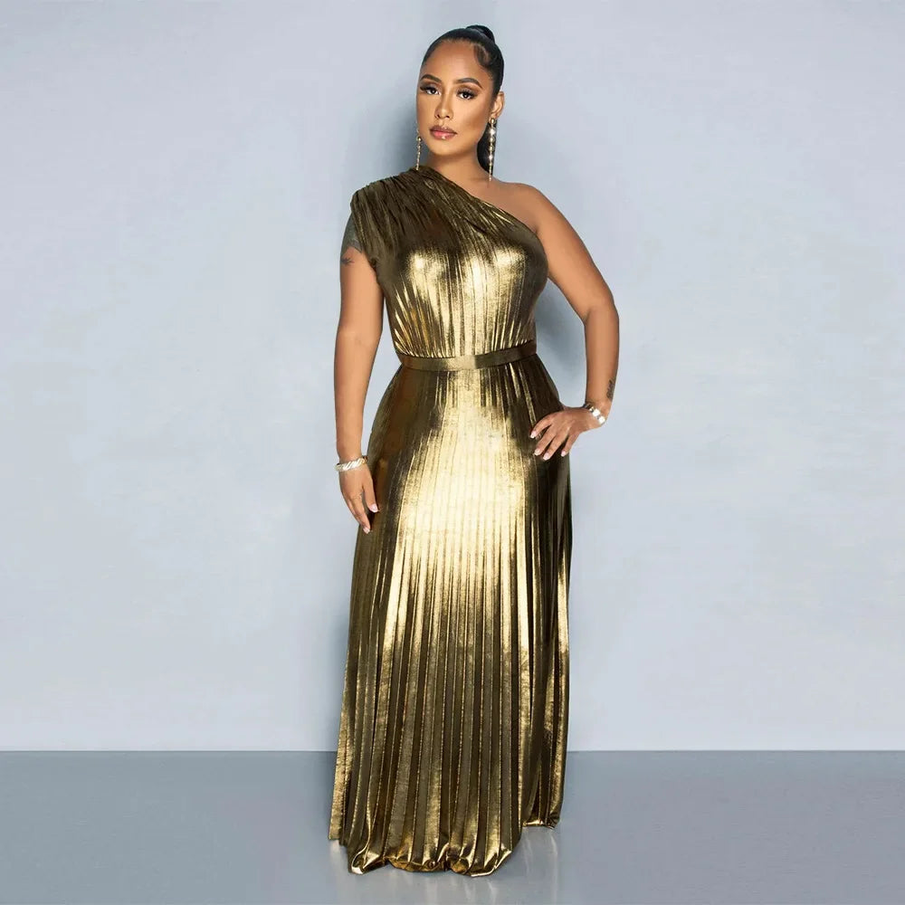 Elegant Women Even Dresses Luxury Maxi Long Metallic Pleated Dress One Shoulder Sleeveless Premium Shiny Shimmer Gowns