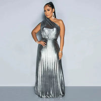 Elegant Women Even Dresses Luxury Maxi Long Metallic Pleated Dress One Shoulder Sleeveless Premium Shiny Shimmer Gowns