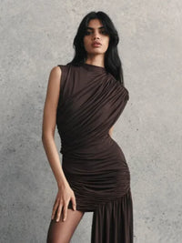 Women Fashion Irregular Pleated Tassels Mini Dress Elegant Turtleneck Sleeveless High Waist Vestidos 2025 New Party Club Dresses