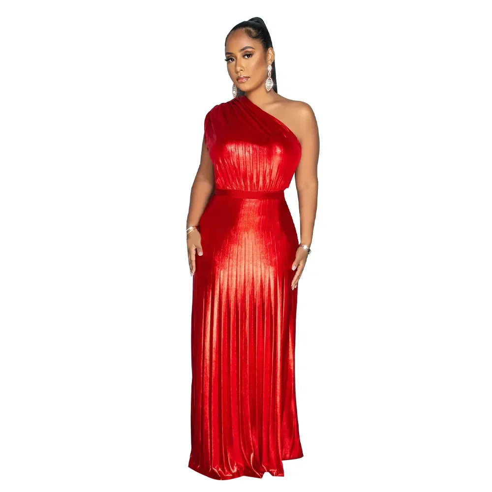 Elegant Women Even Dresses Luxury Maxi Long Metallic Pleated Dress One Shoulder Sleeveless Premium Shiny Shimmer Gowns