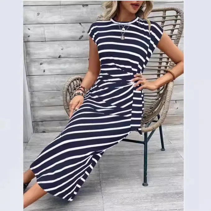 Elegant And Elegant Waist Lace Up Striped Round Neck Short Sleeve Long Dress Summer Party Bodycon Women's Dresses