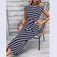 Elegant And Elegant Waist Lace Up Striped Round Neck Short Sleeve Long Dress Summer Party Bodycon Women's Dresses