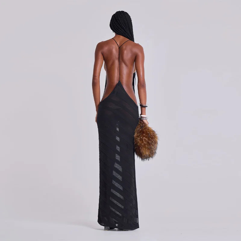 Sexy See Though Maxi Dress Backless Sleeveless Deep V Neck Long Robes Lace Up Party Mesh Dresses 2025 New Lady Vacation Clothing