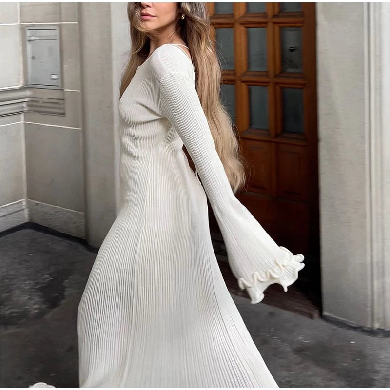 Women's Chic Ruffles Backless Lace Up Knitted Maxi Dress Elegant Round Neck Flare Long Sleeve Vestido 2024 Lady New Fashion Robe