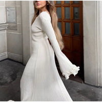 Women's Chic Ruffles Backless Lace Up Knitted Maxi Dress Elegant Round Neck Flare Long Sleeve Vestido 2024 Lady New Fashion Robe