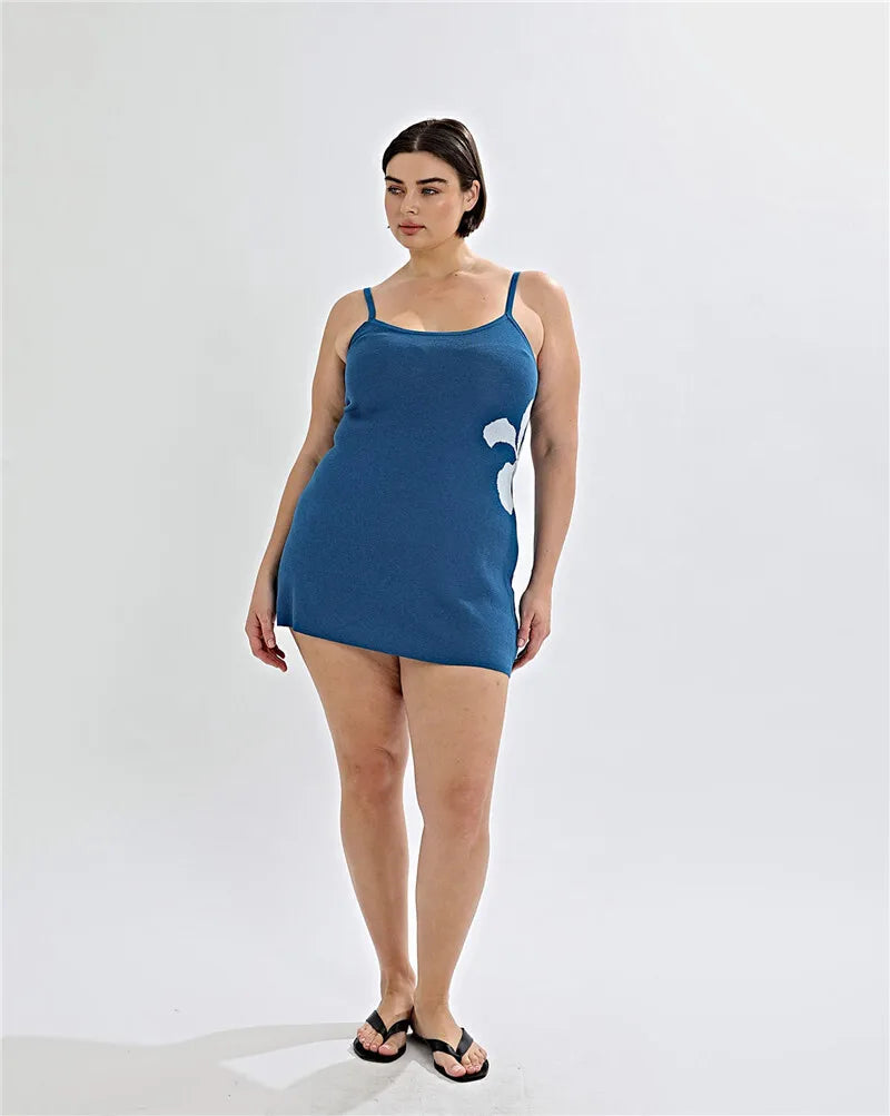 Mozision Spaghetti Strap Print Knit Mini Dress For Woman Robe Summer New Sleeveless Backless Beach Holiday Club Dress Knitwear