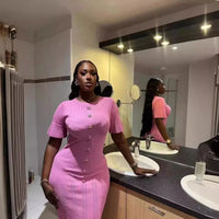 Joskaa Knitted Striped Buttons Round Neck Short Sleeve Body-Shaping Long Dresses for Women Birthday Party Clubwear Streetwear