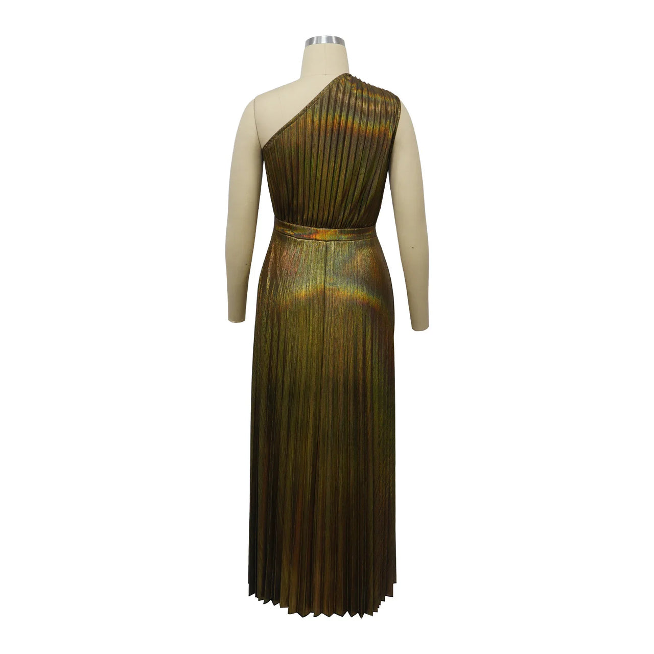 Elegant Women Even Dresses Luxury Maxi Long Metallic Pleated Dress One Shoulder Sleeveless Premium Shiny Shimmer Gowns