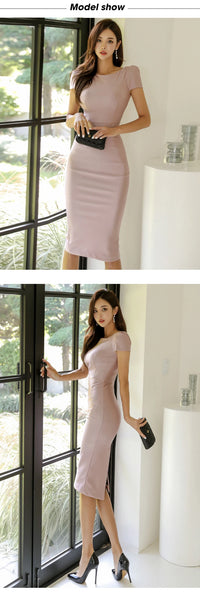 Fashion Simple Sweet Midi Dress Women Pink Short Sleeve Bodycon Skinny Split Robe Femme Elegant Office Lady Party Clothes Female