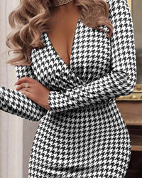New Autumn/Winter Sexy Long Sleeve V-Neck Wrapped Hip Print Dress for Women