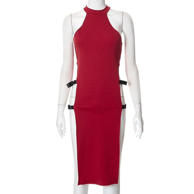 Goth Dark Cosplay High Split Side Sexy Sleeveless Dresses Gothic High Waist Y2k Slim Women Dress Harajuku Summer Night Clubwear