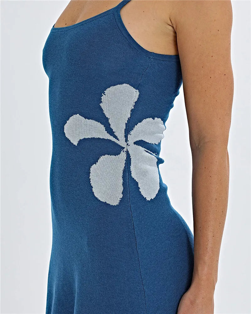 Mozision Spaghetti Strap Print Knit Mini Dress For Woman Robe Summer New Sleeveless Backless Beach Holiday Club Dress Knitwear