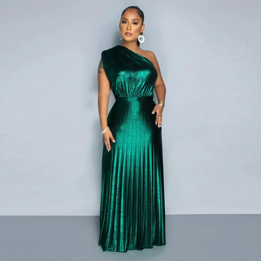 Elegant Women Even Dresses Luxury Maxi Long Metallic Pleated Dress One Shoulder Sleeveless Premium Shiny Shimmer Gowns