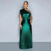 Elegant Women Even Dresses Luxury Maxi Long Metallic Pleated Dress One Shoulder Sleeveless Premium Shiny Shimmer Gowns