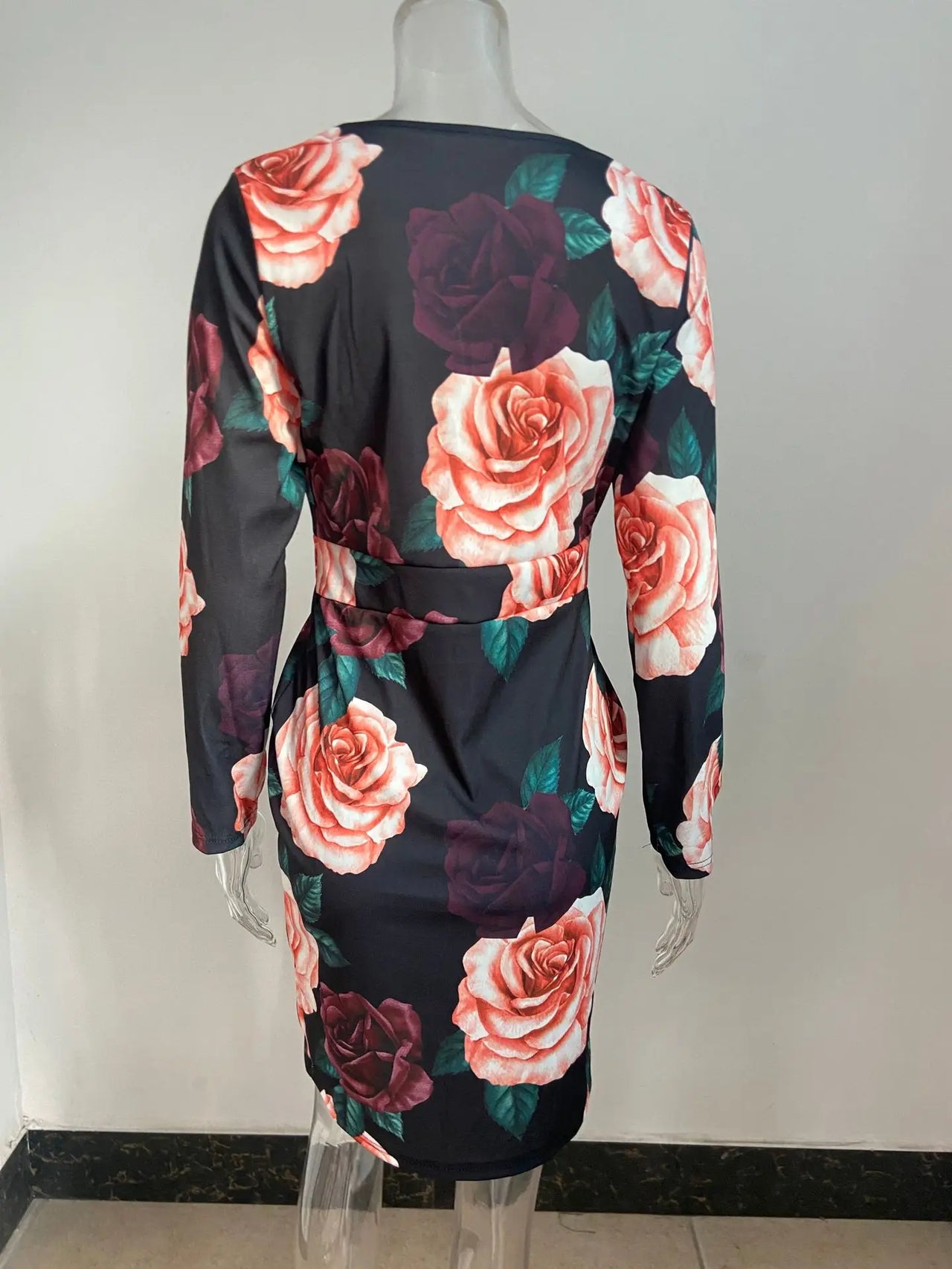 New Autumn/Winter Sexy Long Sleeve V-Neck Wrapped Hip Print Dress for Women