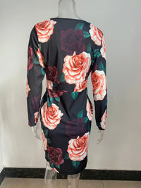 New Autumn/Winter Sexy Long Sleeve V-Neck Wrapped Hip Print Dress for Women