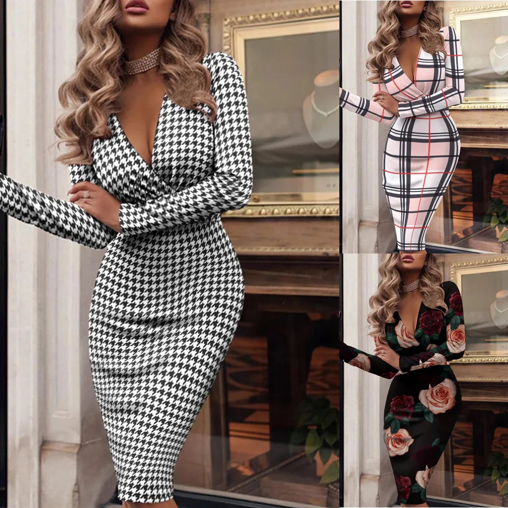 New Autumn/Winter Sexy Long Sleeve V-Neck Wrapped Hip Print Dress for Women