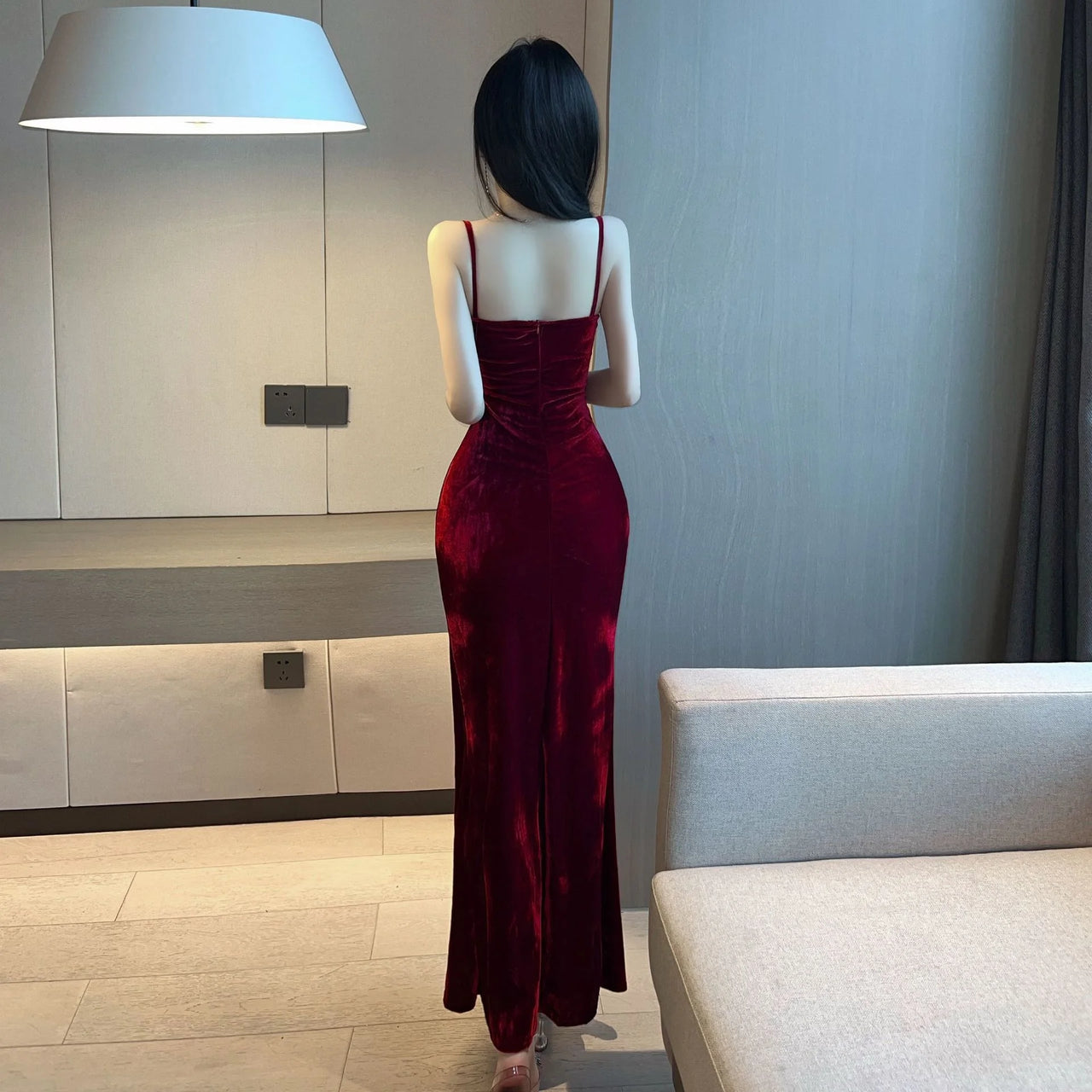 2023 Summer Women's Sexy Temperament V-neck Low cut Velvet sling ceremonial dress Side Split Slim Wrap buttocks Long Dress UR6Y