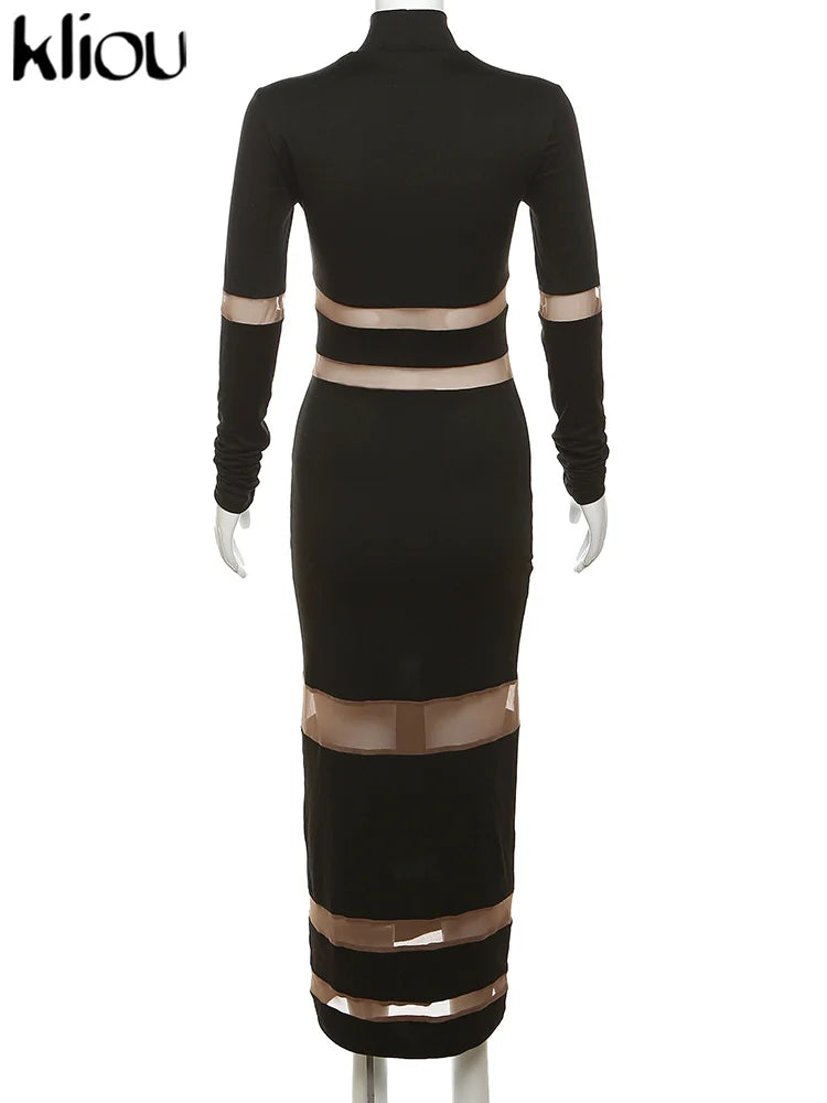 kliou Autumn Women Mesh Patchwork Maxi Dress Elegant Sexy See Through Long Sleeve O-neck Robe Party Female Trend Party Vestidos